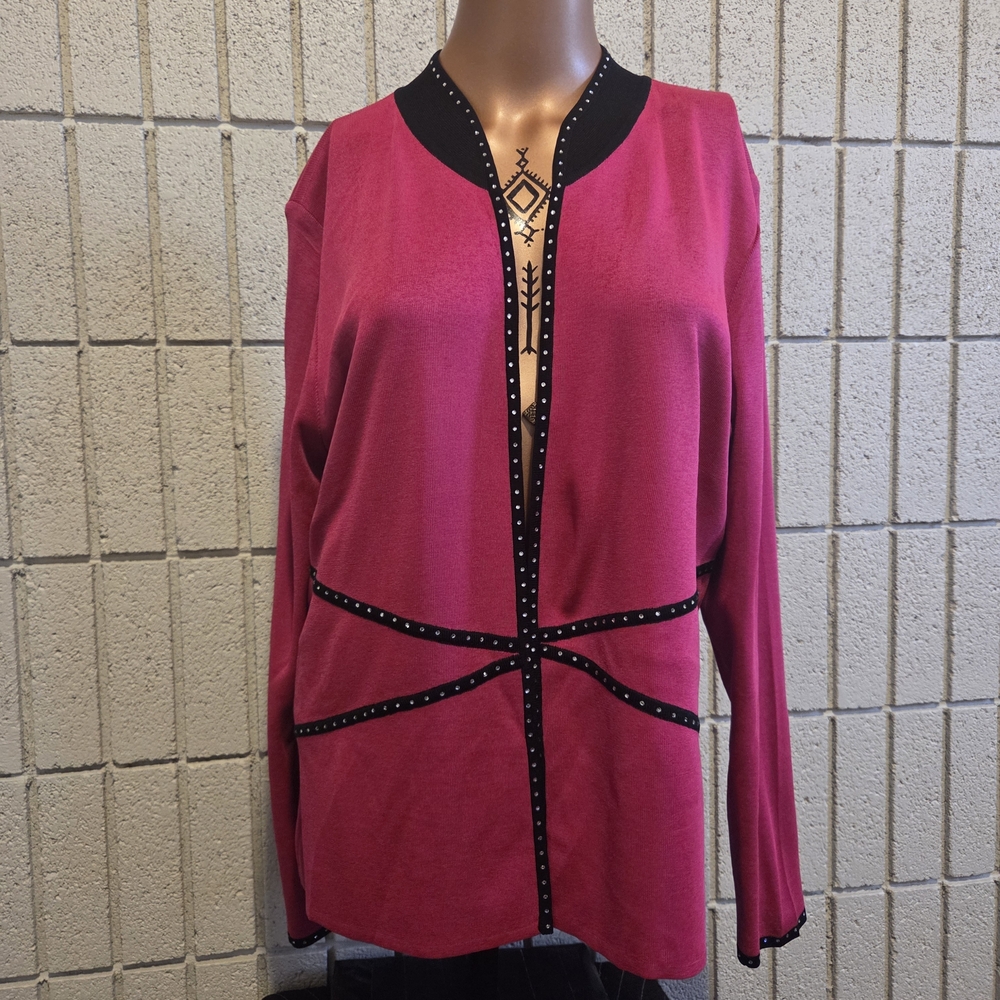 Ming Wang Fuchsia Open Cardigan with Black Stud Trim